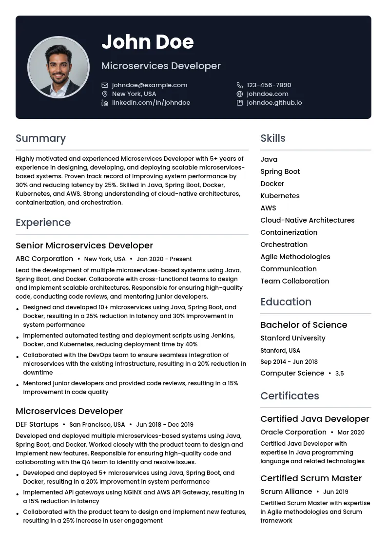 Microservices Developer resume example