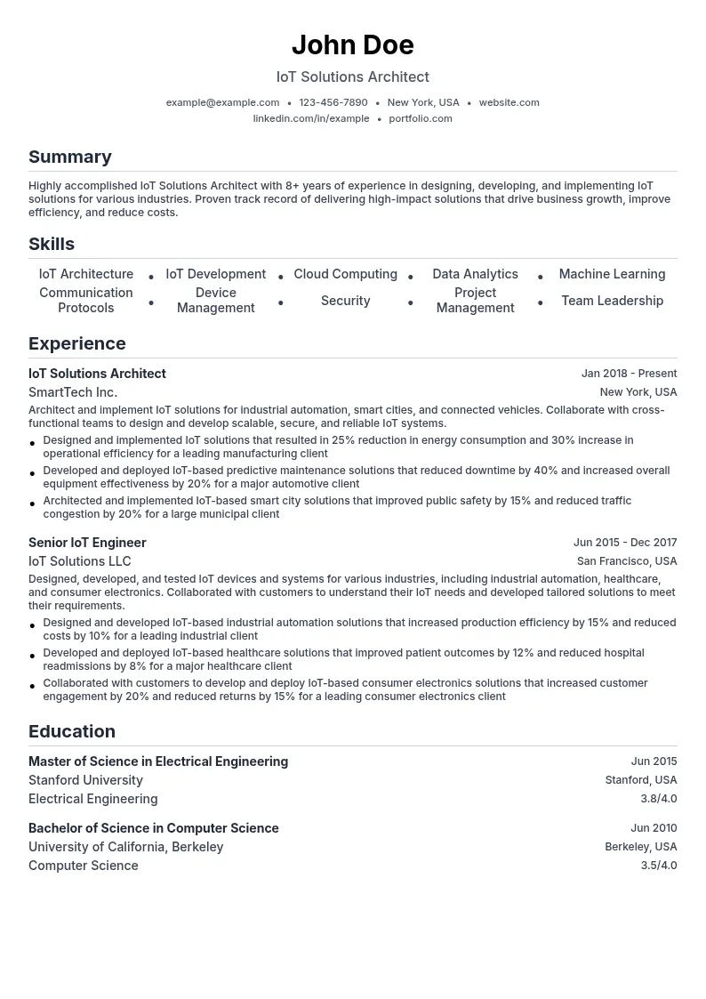IoT Solutions Architect resume example