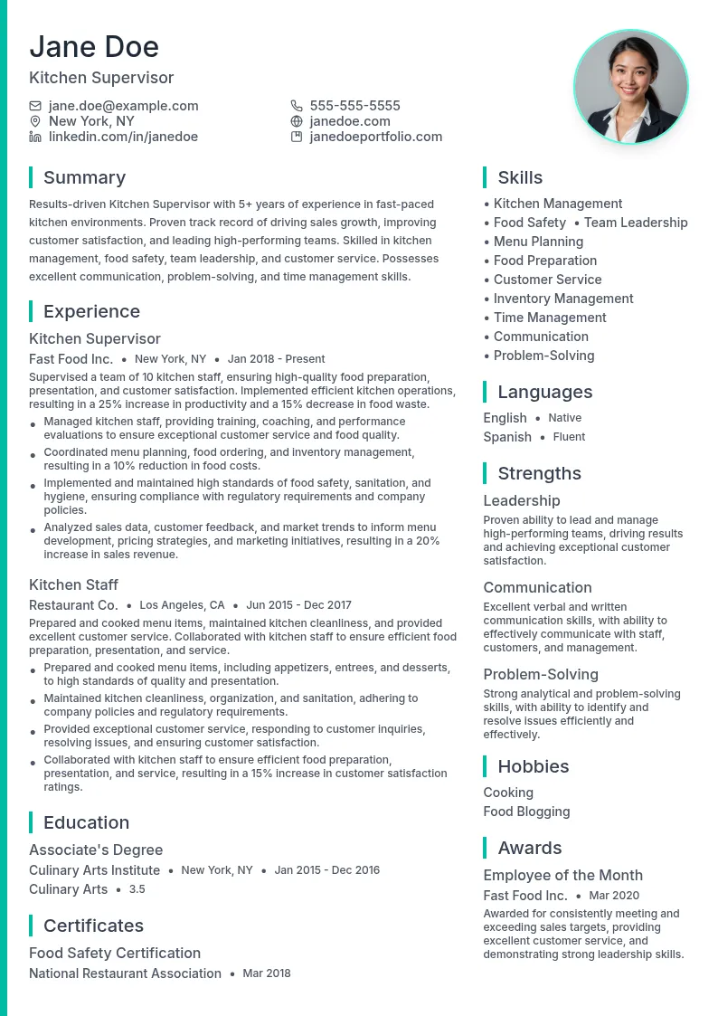 Kitchen Supervisor resume example