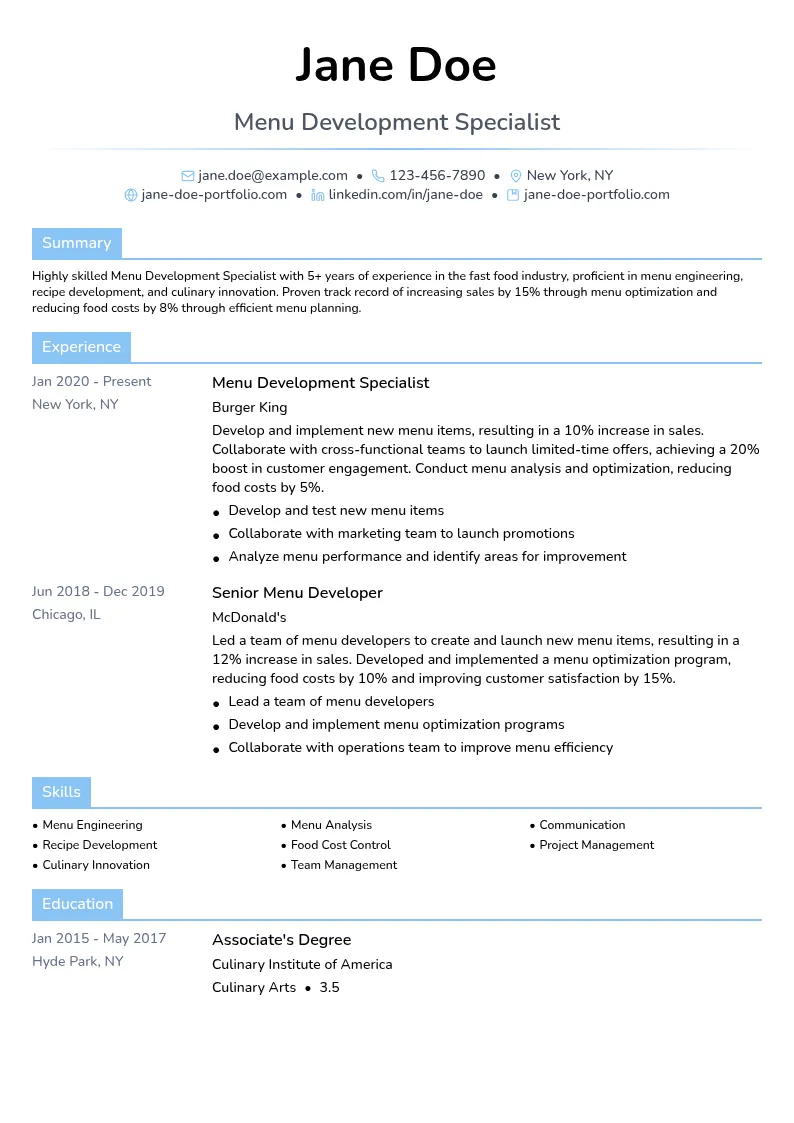 Menu Development Specialist resume example