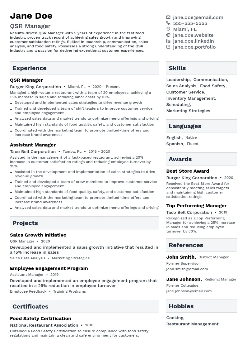 QSR Manager resume example