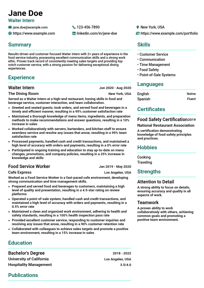 Waiter Intern resume example