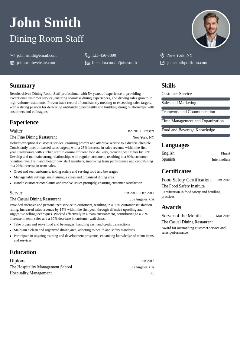 Dining Room Staff resume example