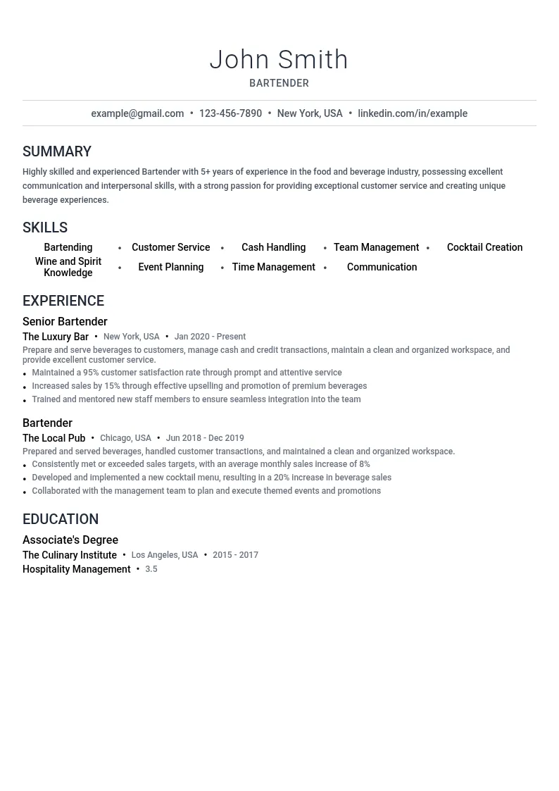 Bartender resume example