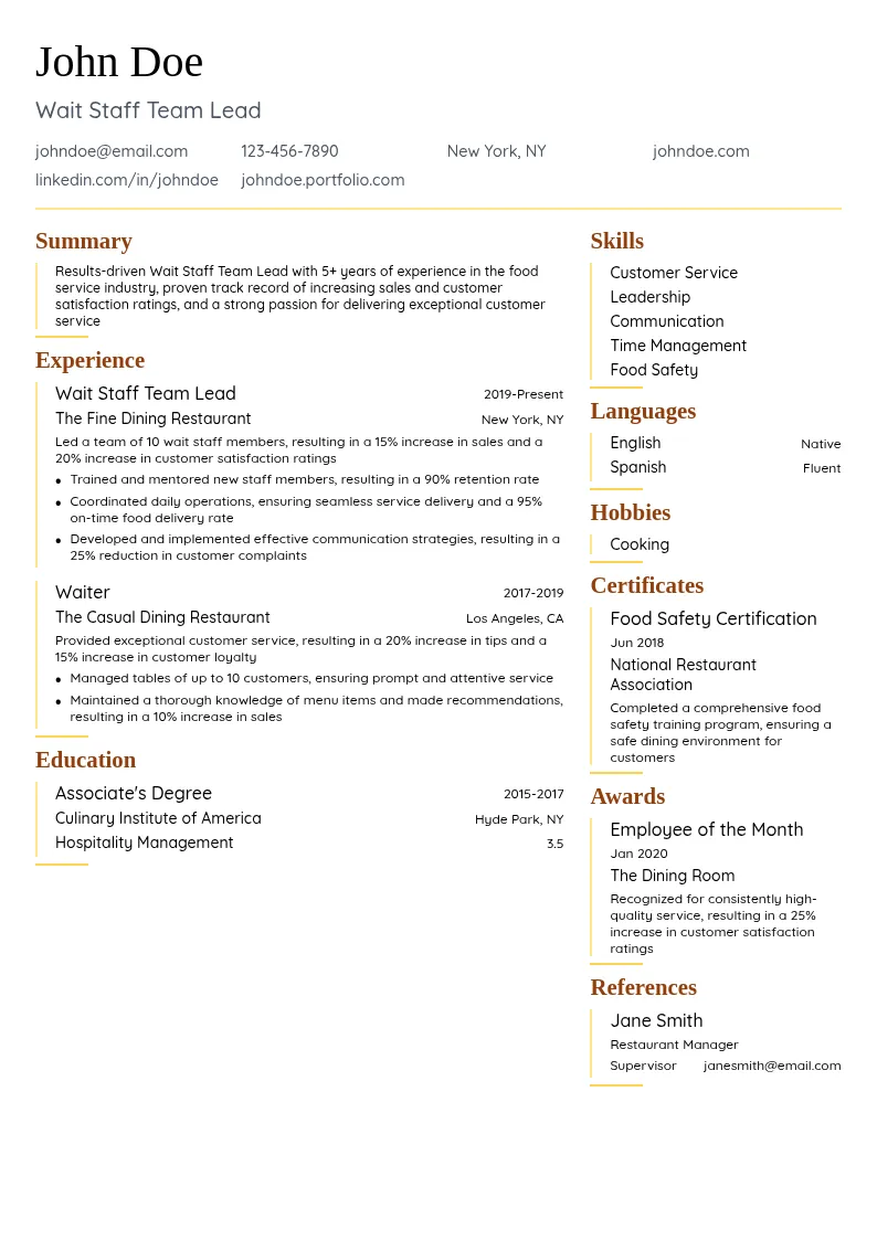 Wait Staff Team Lead resume example