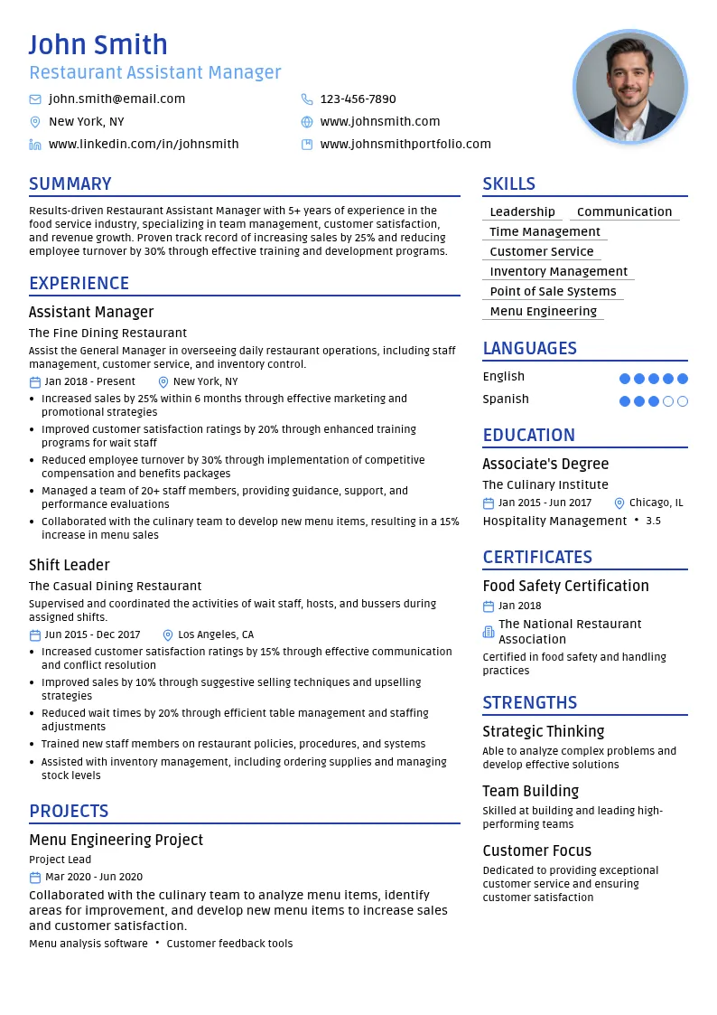 Restaurant Assistant Manager resume example