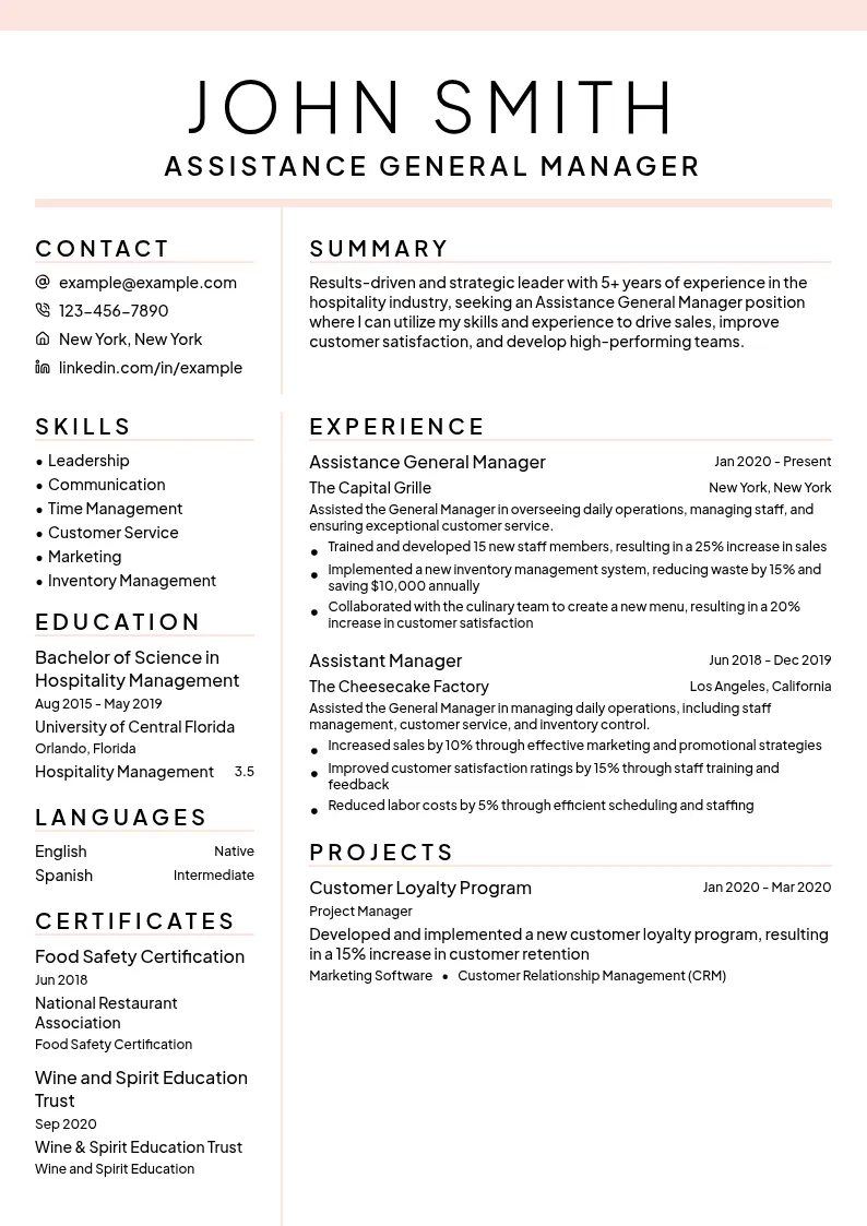 Assistance General Manager resume example