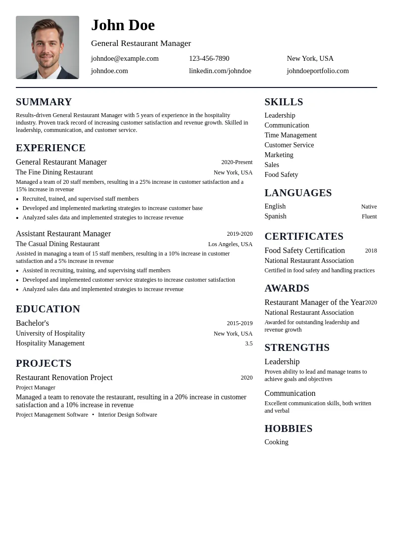 General Restaurant Manager resume example