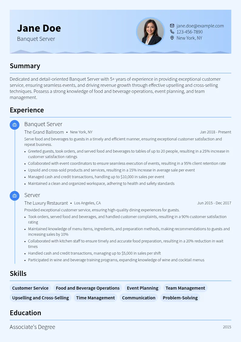 Banquet Server resume example