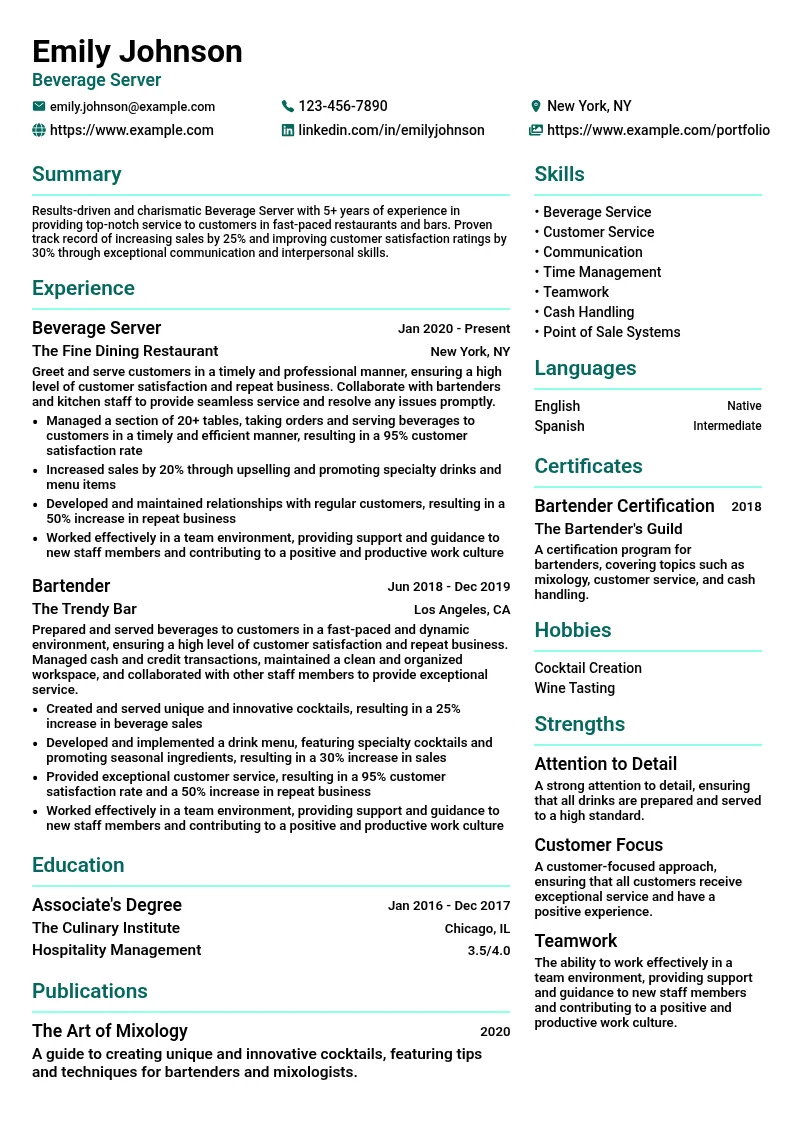 Beverage Server resume example