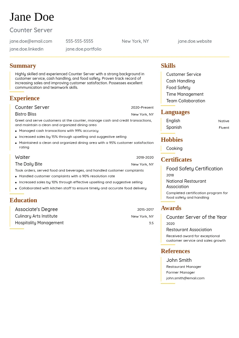 Counter Server resume example