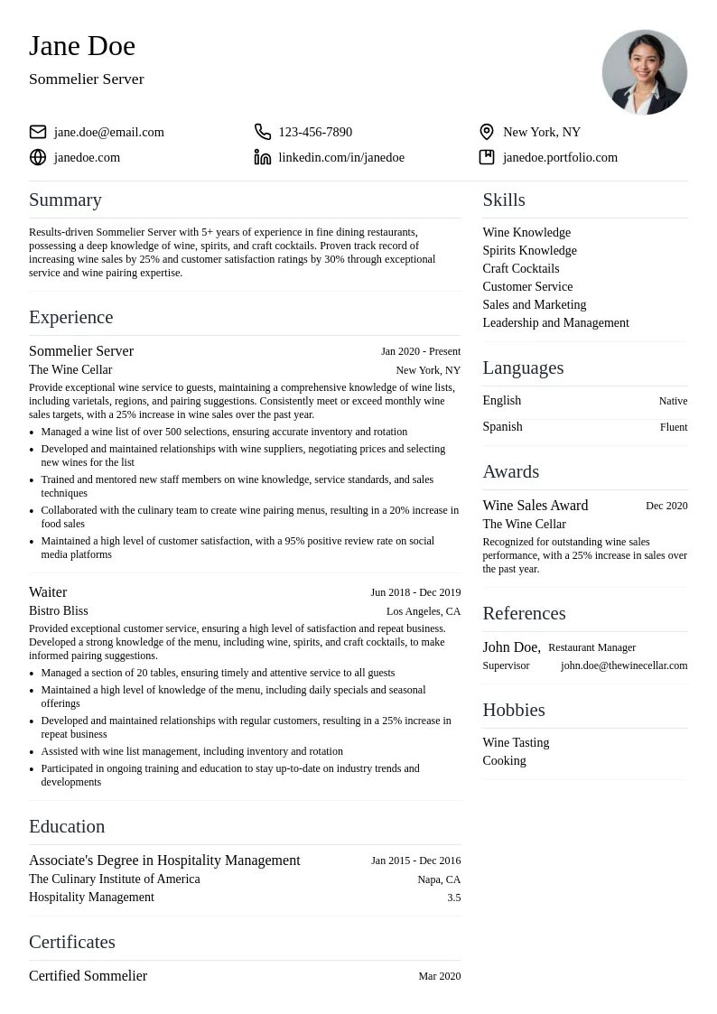 Sommelier Server resume example