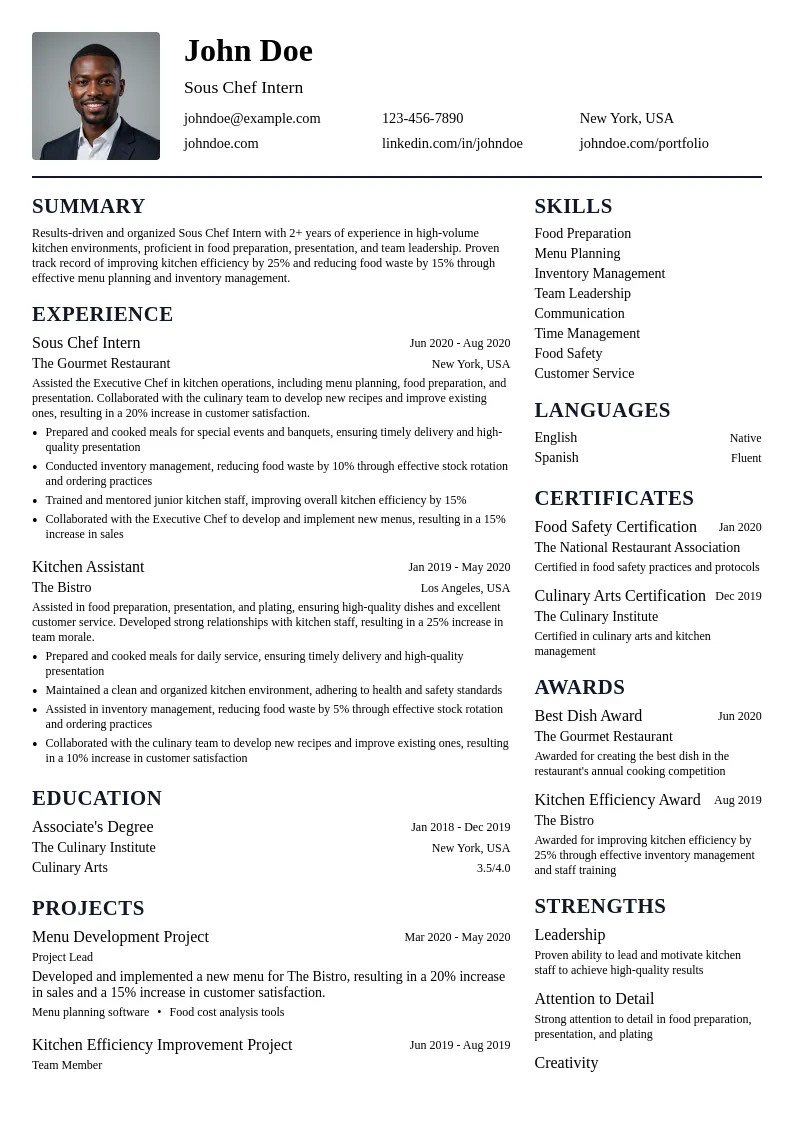 Sous Chef Intern resume example