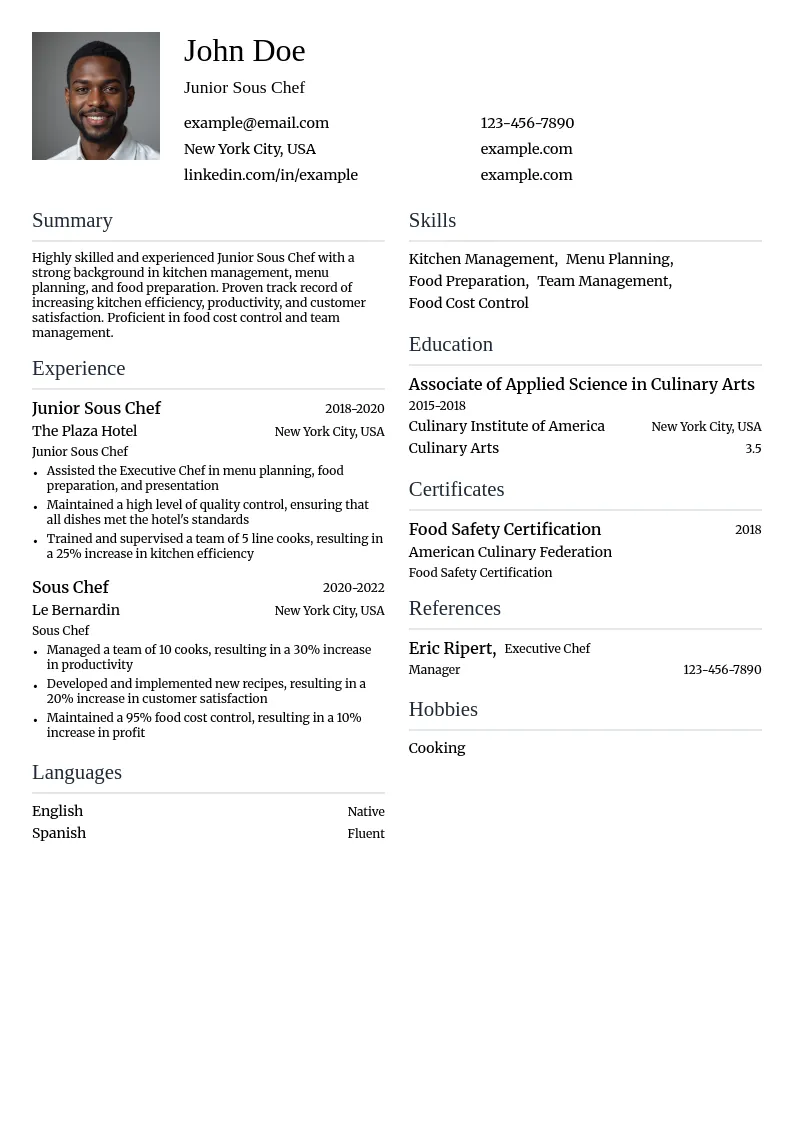 Junior Sous Chef resume example