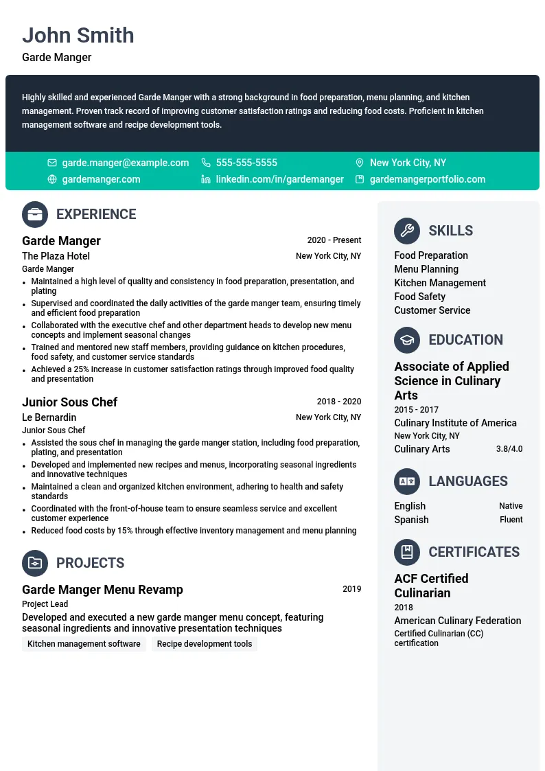 Garde Manger resume example