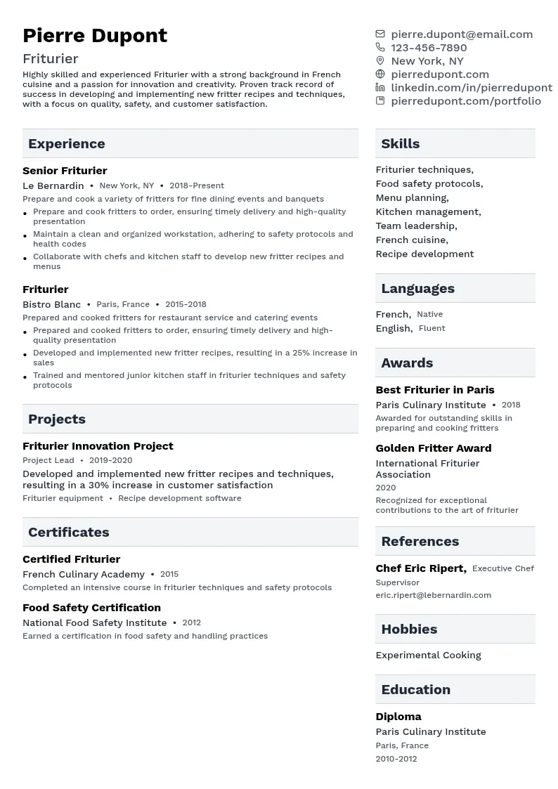 Friturier resume example