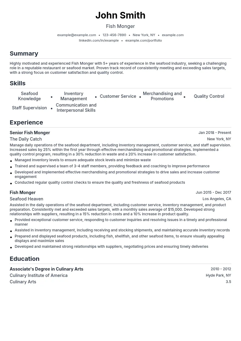 Fish Monger resume example