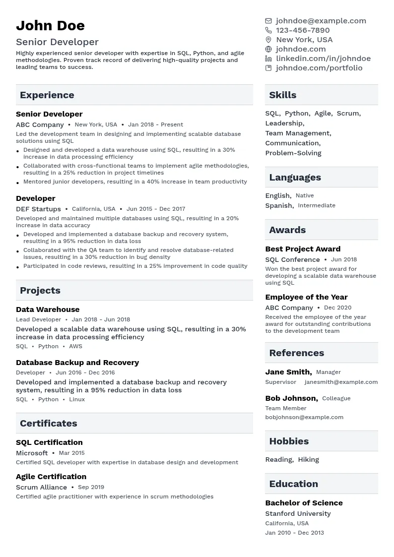 Senior Developer resume example