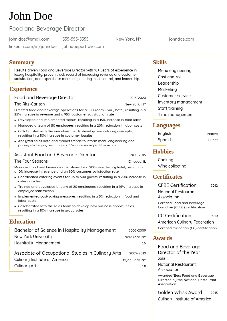Food and Beverage Director resume example