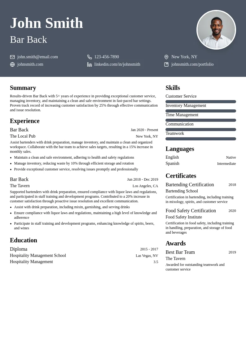 Bar Back resume example