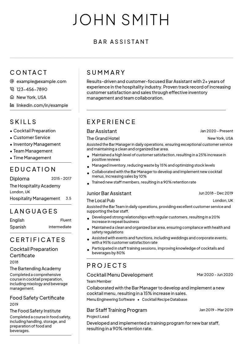 Bar Assistant resume example