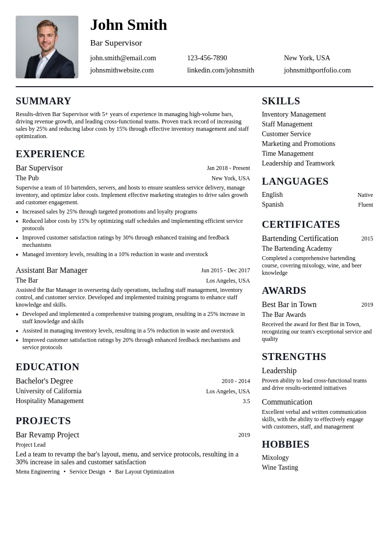 Bar Supervisor resume example