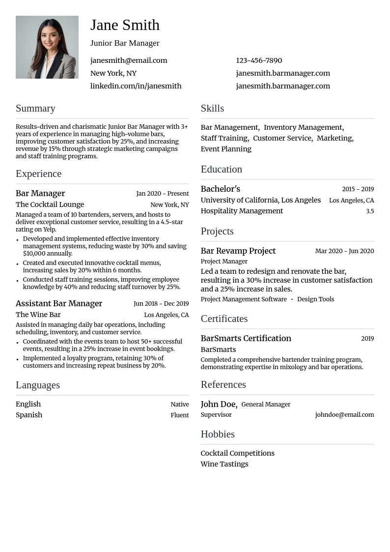 Junior Bar Manager resume example