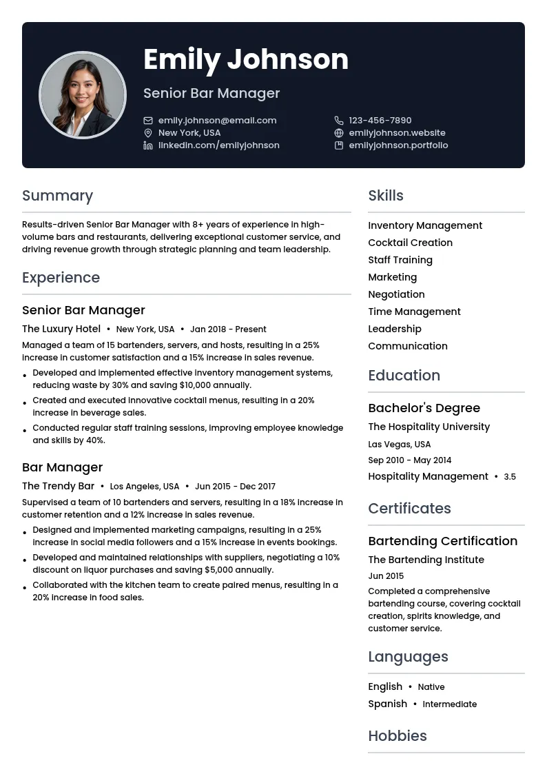 Senior Bar Manager resume example