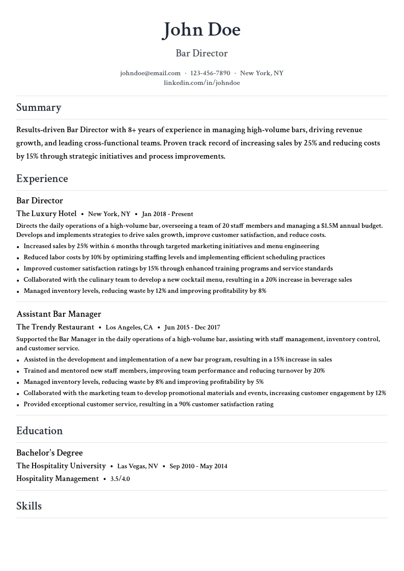 Bar Director resume example