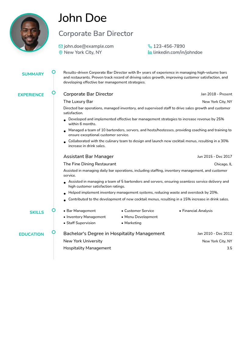 Corporate Bar Director resume example