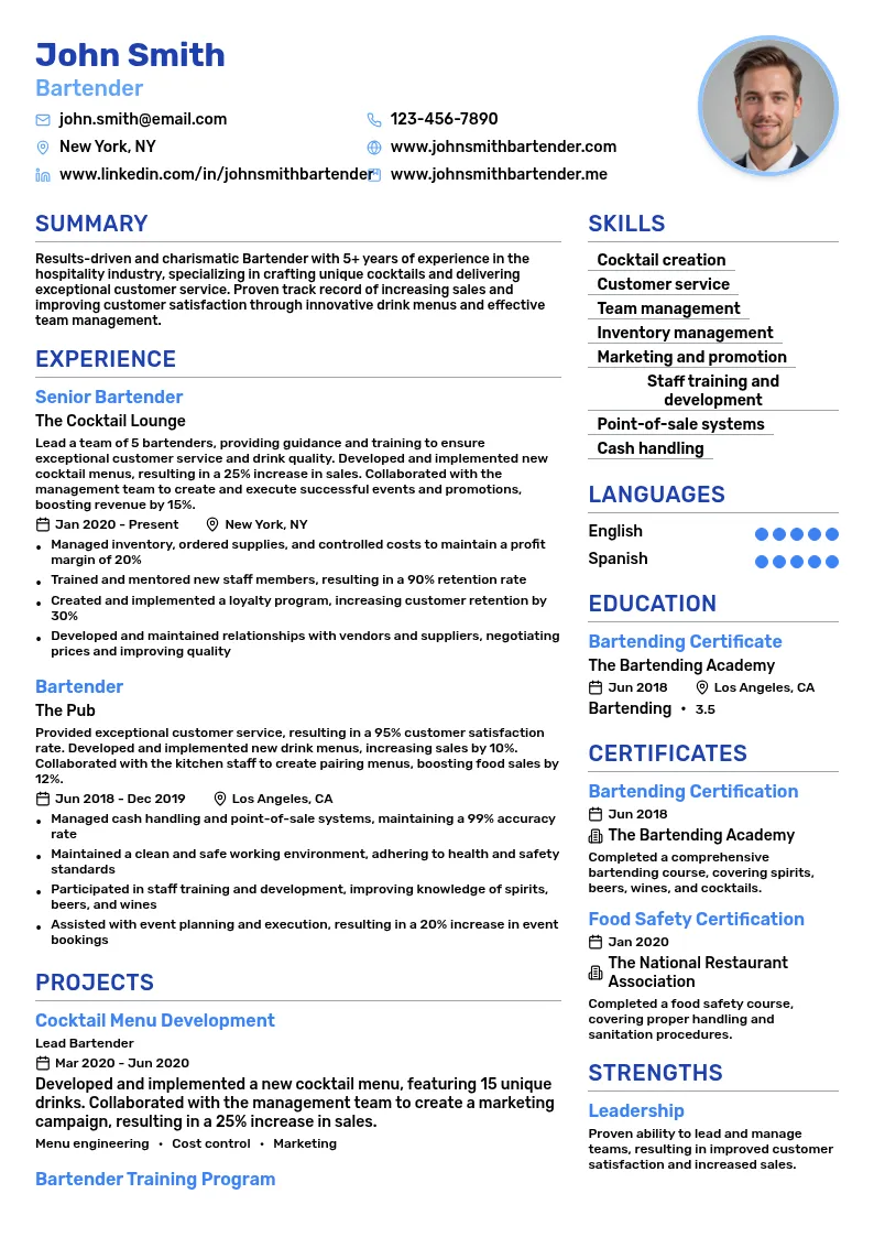 Bartender Specialization resume example