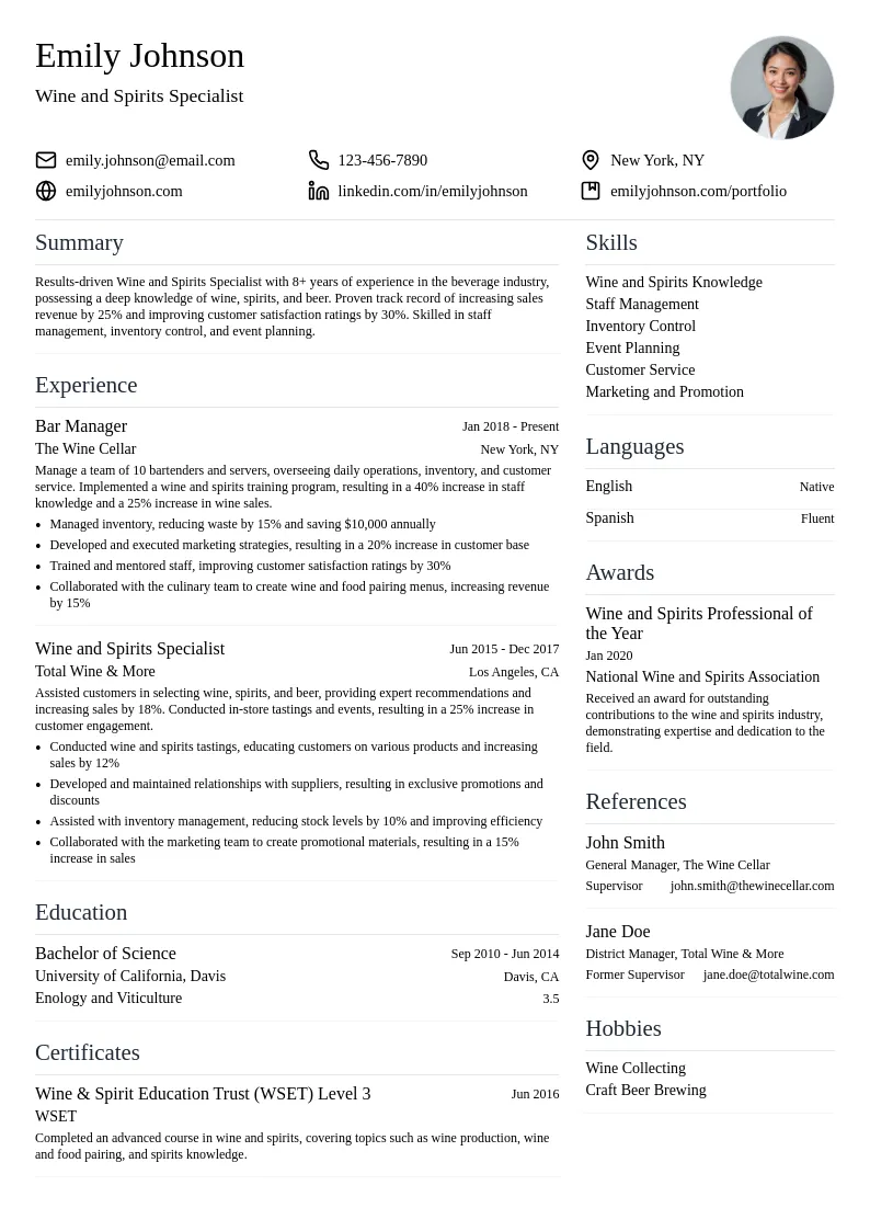 Wine and Spirits Specialist resume example
