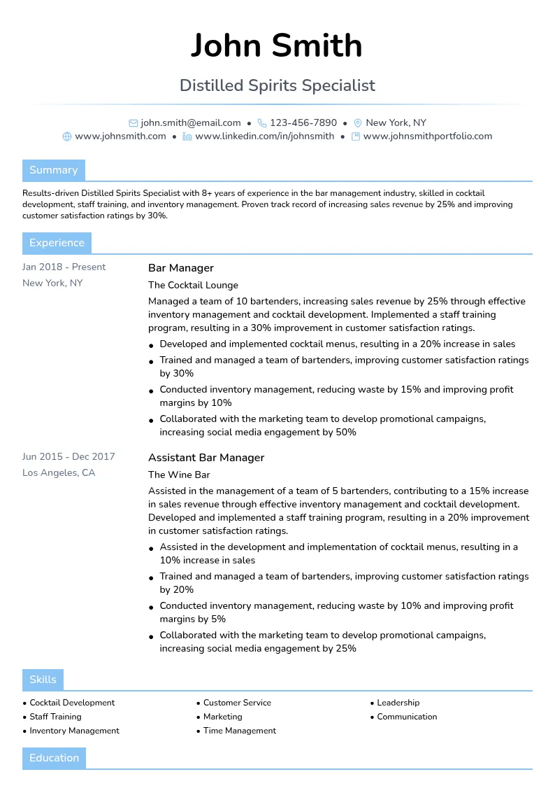 Distilled Spirits Specialist resume example