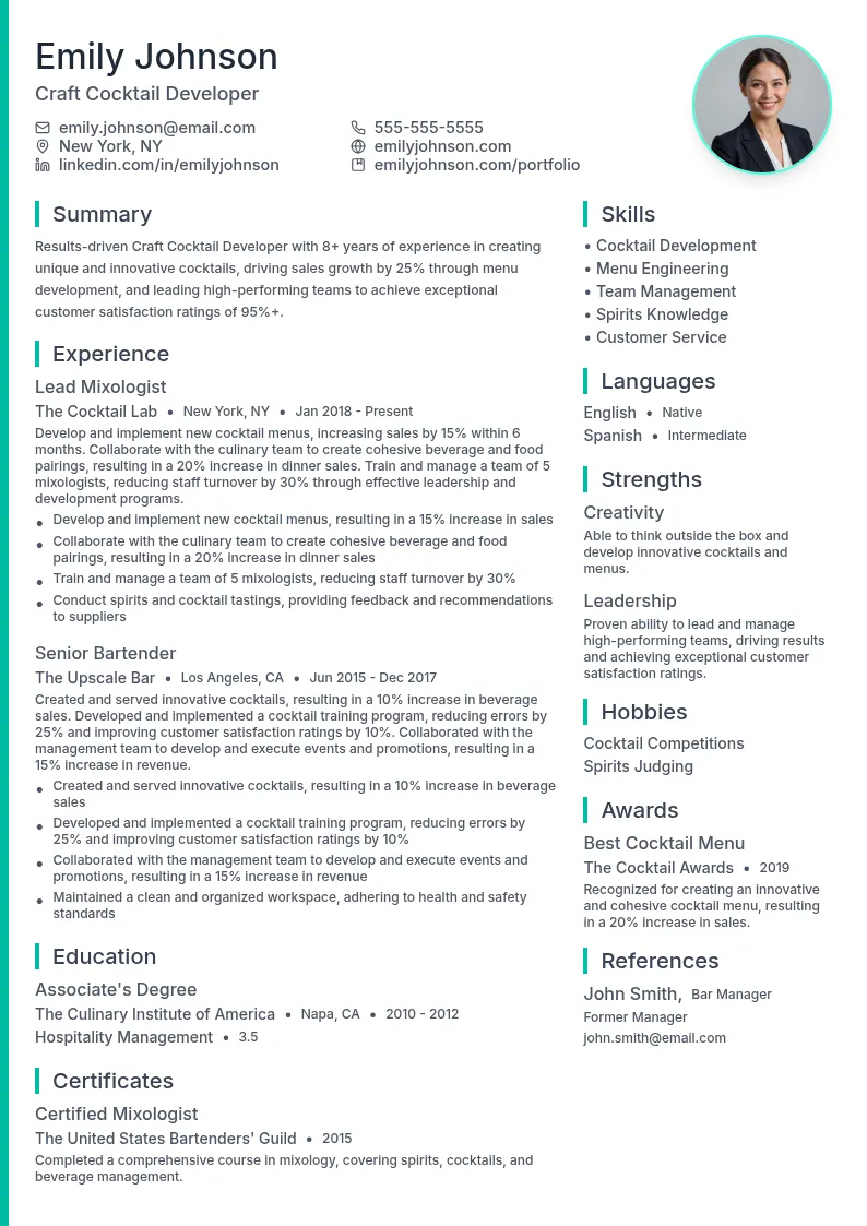 Craft Cocktail Developer resume example