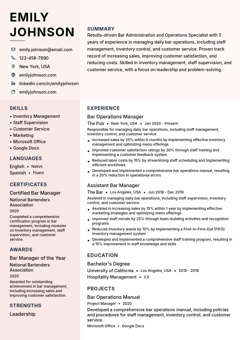 Bar Administration and Operations Specialist resume example