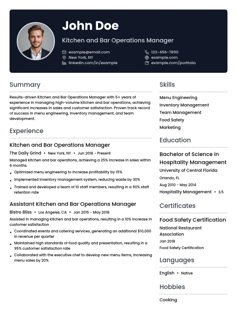 Kitchen and Bar Operations Manager resume example