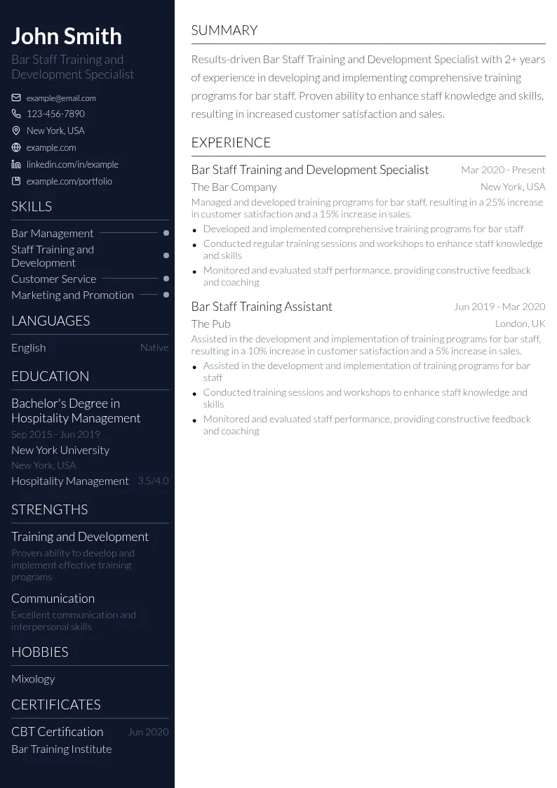 Bar Staff Training and Development Specialist resume example