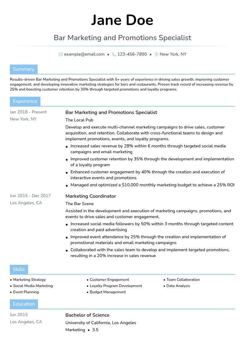Bar Marketing and Promotions Specialist resume example