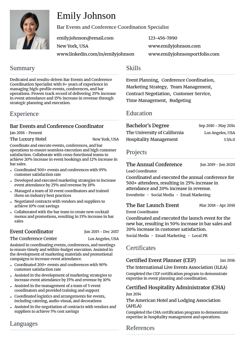 Bar Events and Conference Coordination Specialist resume example