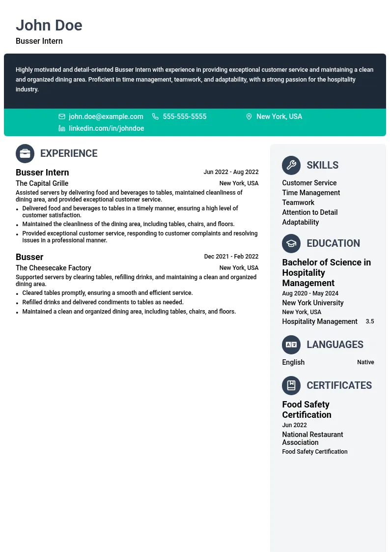 Busser Intern resume example