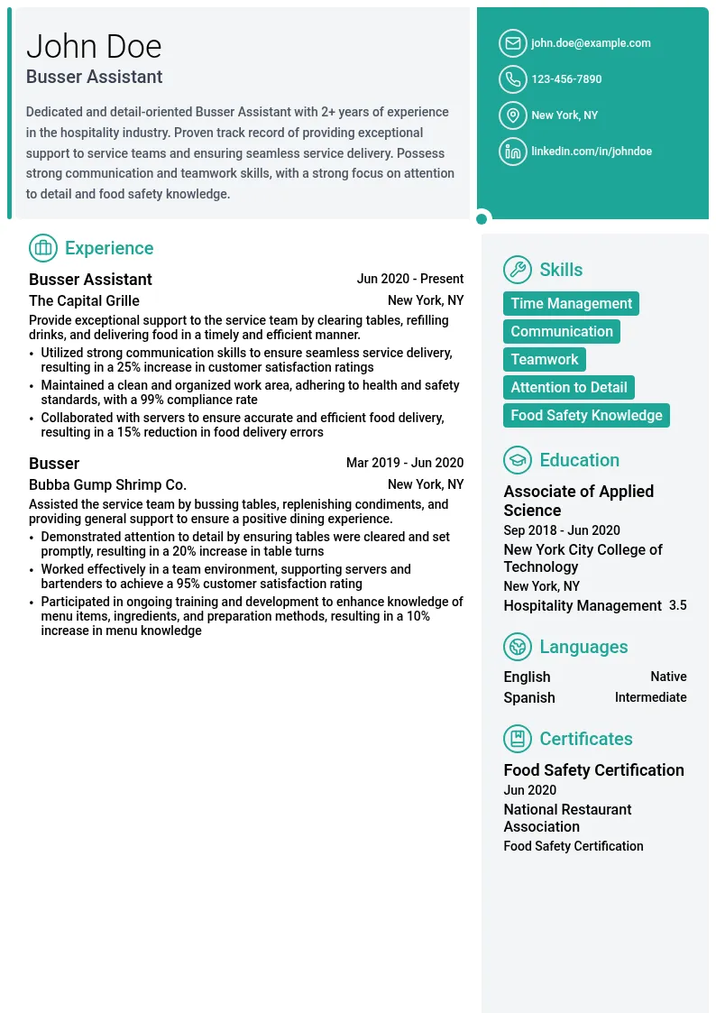Busser Assistant resume example