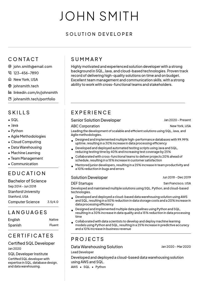 Solution Developer resume example