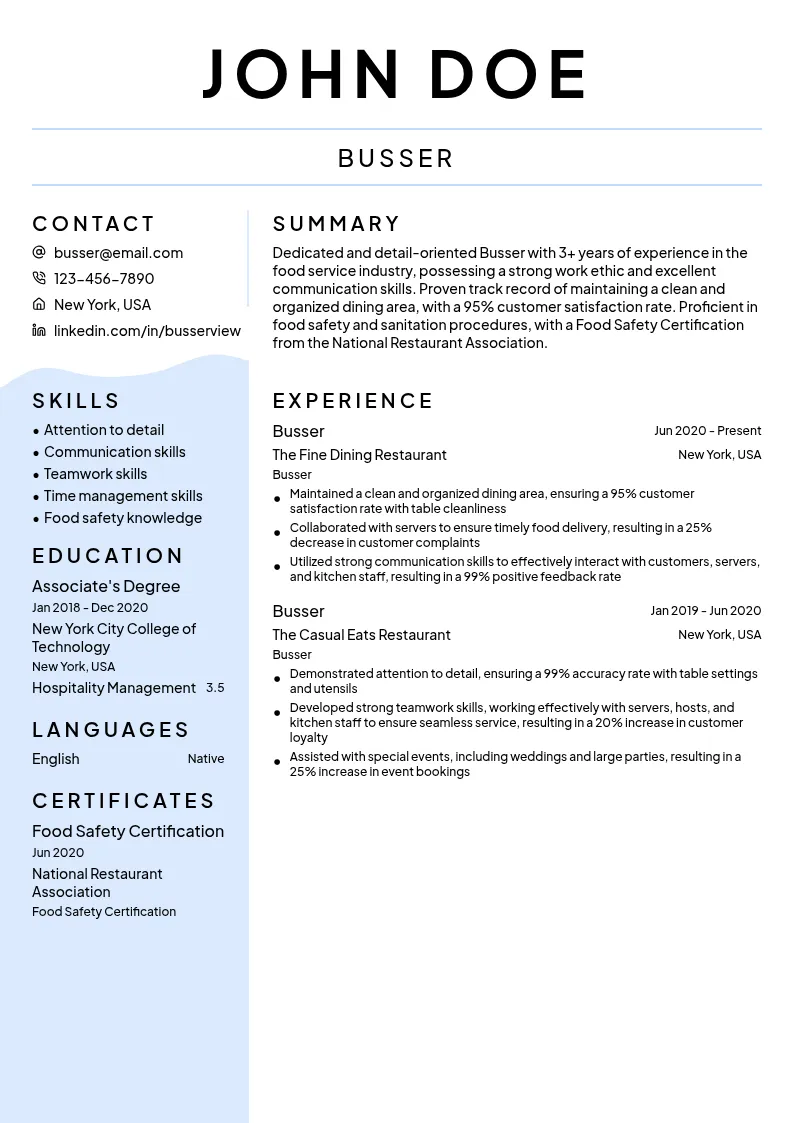 Busser resume example