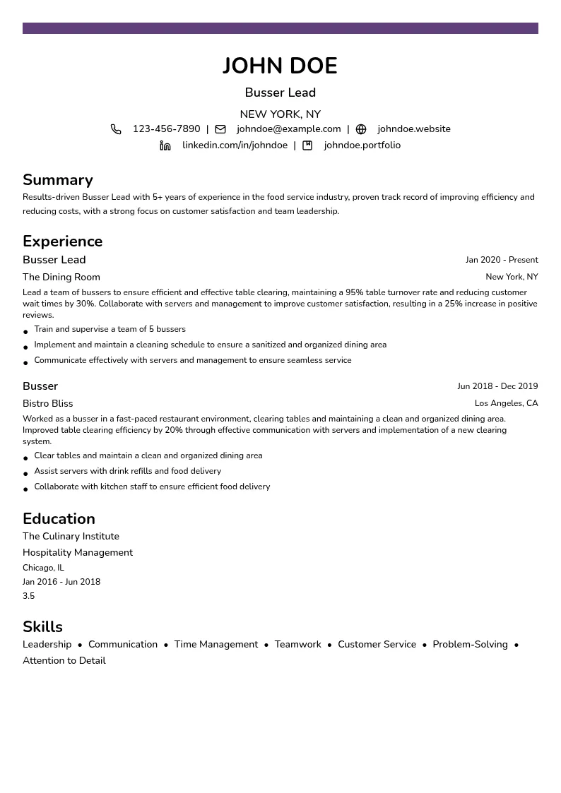 Busser Lead resume example