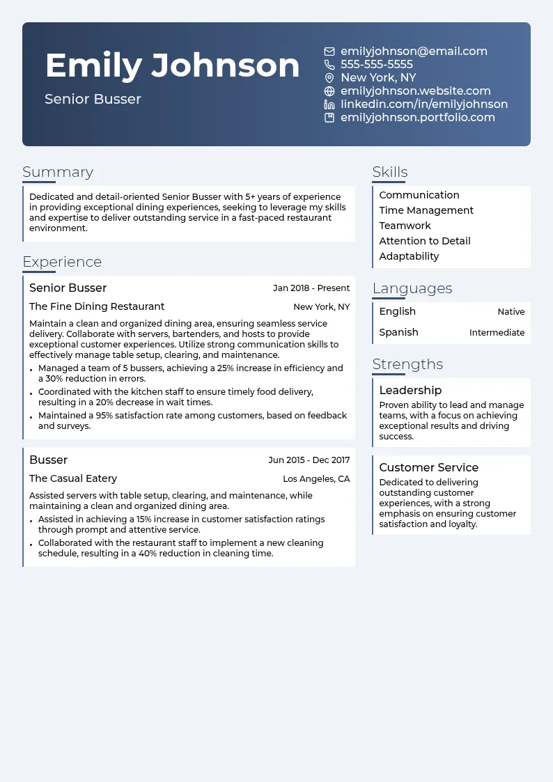 Senior Busser resume example