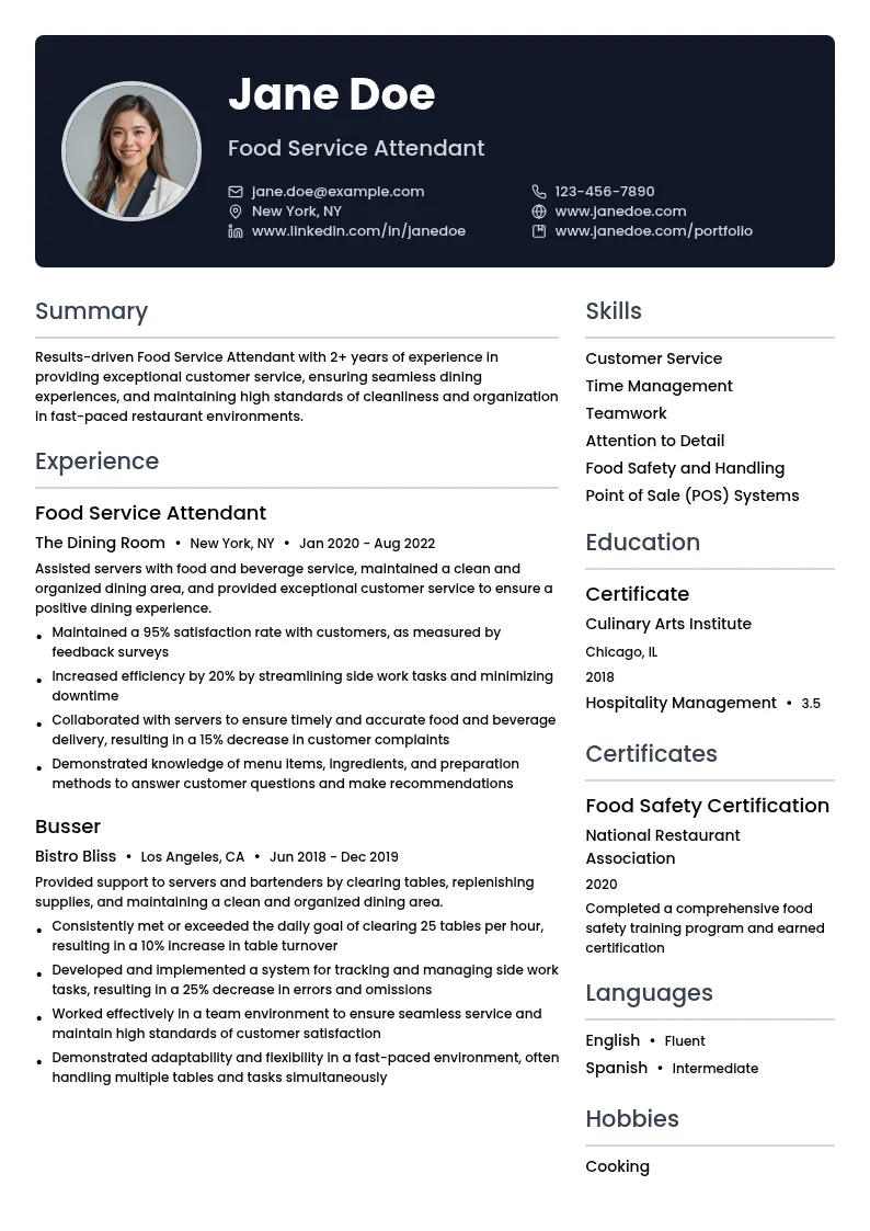 Food Service Attendant resume example