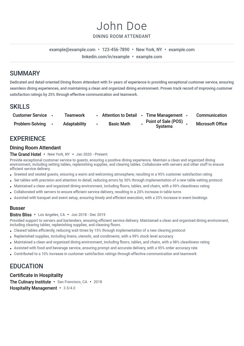 Dining Room Attendant resume example