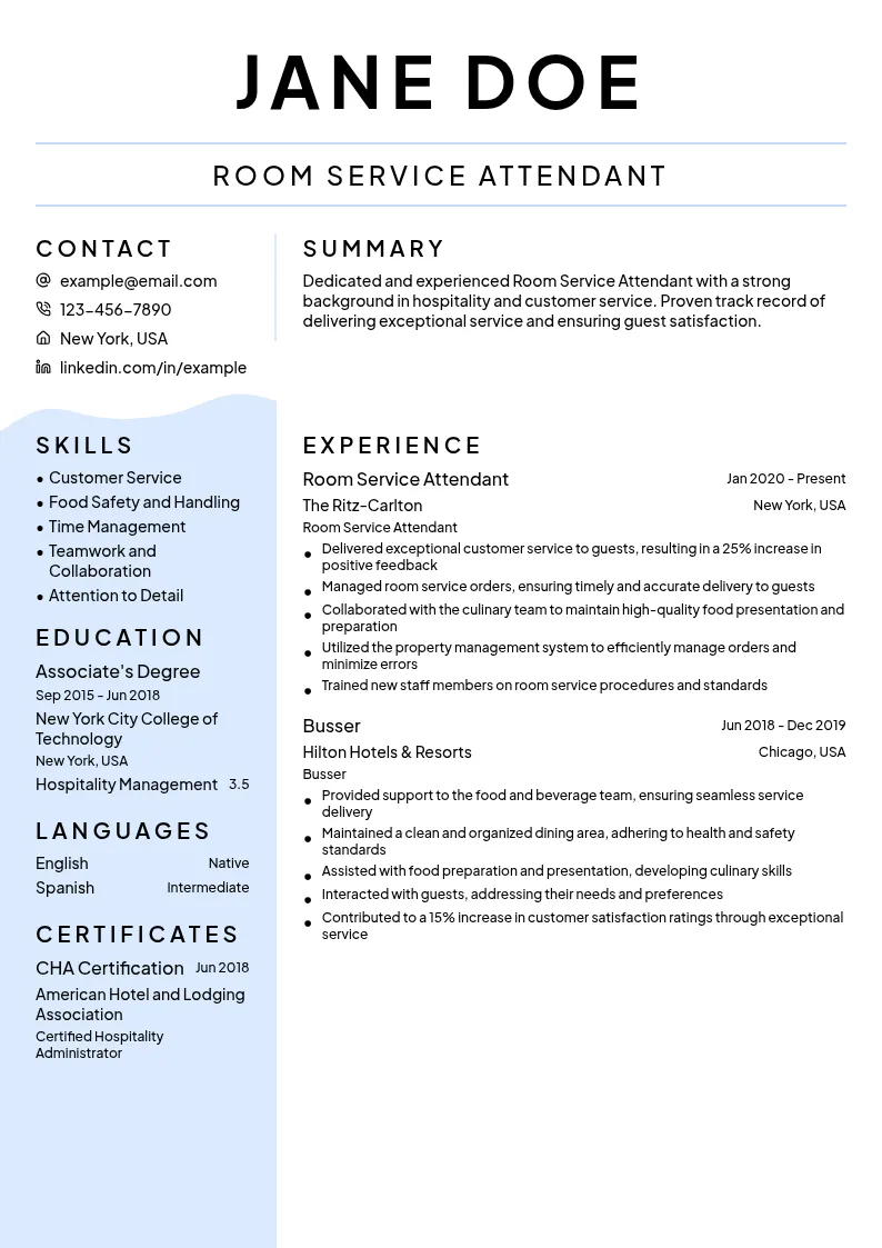Room Service Attendant resume example