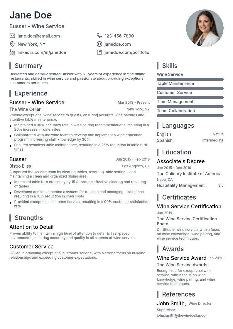 Busser - Wine Service resume example