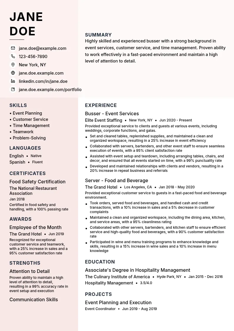 Busser - Event Services resume example